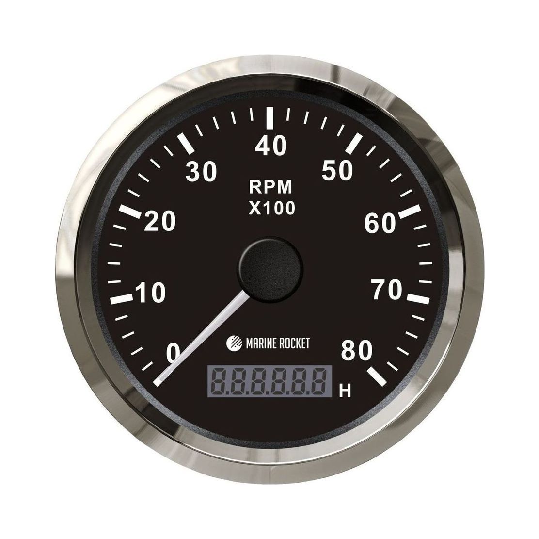 Тахометр 0-8000 об/мин со счетчиком моточасов 1-10, черный циферблат, нержавеющий ободок, Marine Rocket купить c доставкой