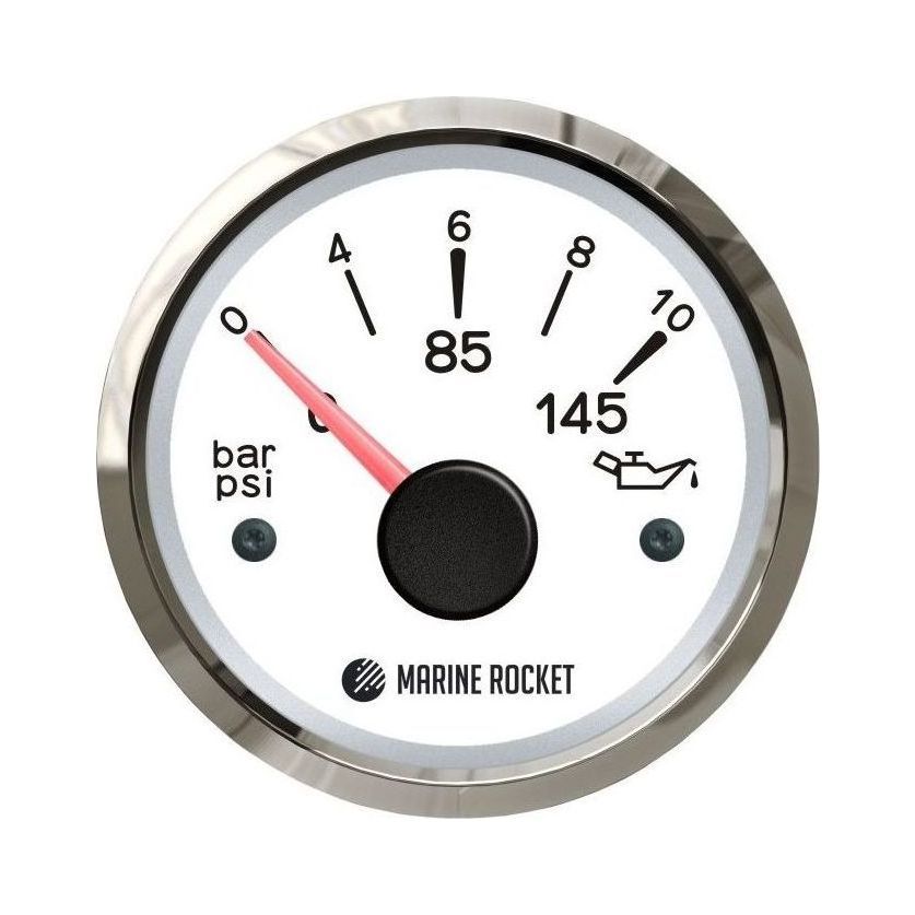 Указатель давления масла 0-10 бар, белый циферблат, нержавеющий ободок, д. 52 мм, Marine Rocket купить c доставкой